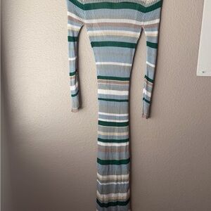 Striped Long-Sleeve Maxi Dress in Green, Blue & Cream